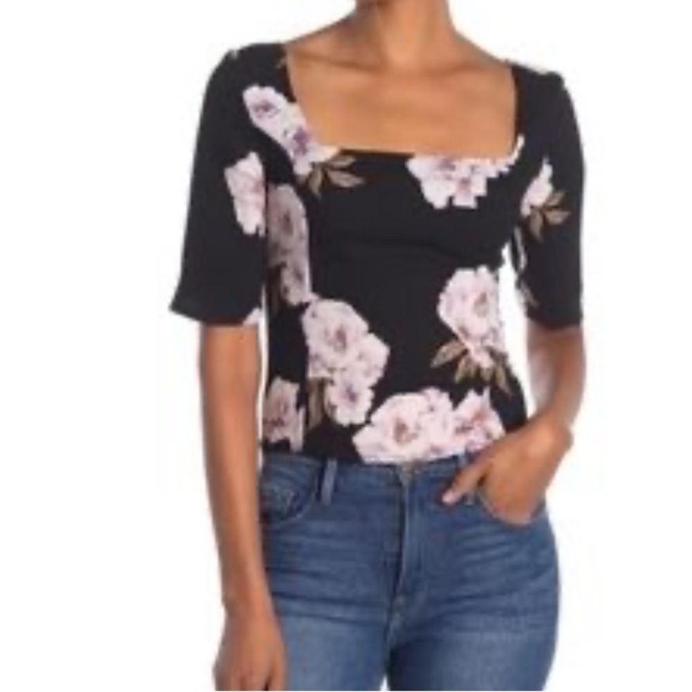 Free Press Black 3/4 sleeve square neck Floral Top SMALL‎